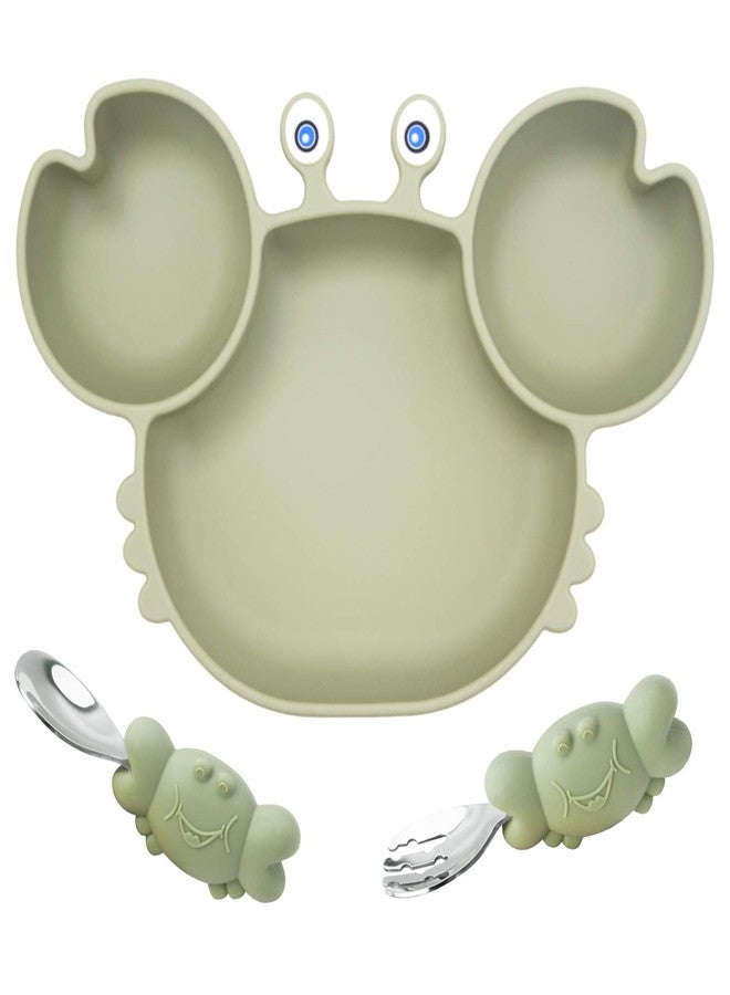 Linowos Silicone Suction Plate for Toddlers with Fork Spoon Set - Self Feeding Training Divided Plate Dish and Bowl for Baby and Toddler, Fits for Most Highchairs Trays (Green) - Image 1